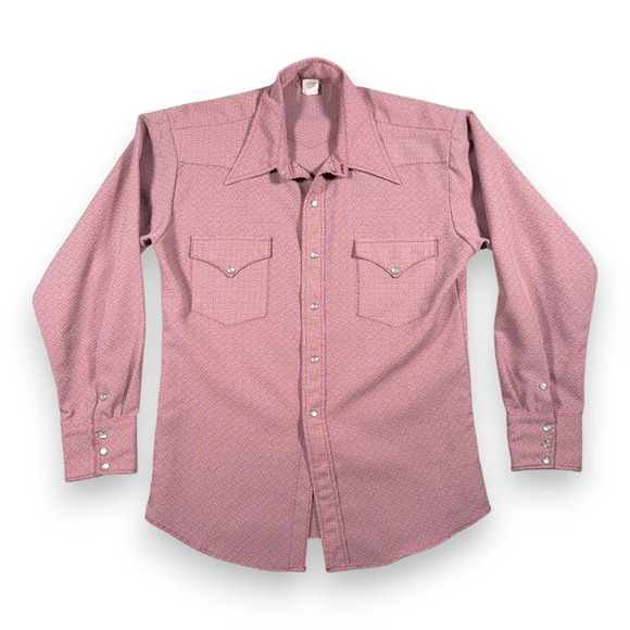 Vintage Western Shirt Adult MEDIUM Red Heather Rose Cowboy Rodeo Pearl Snap 70s